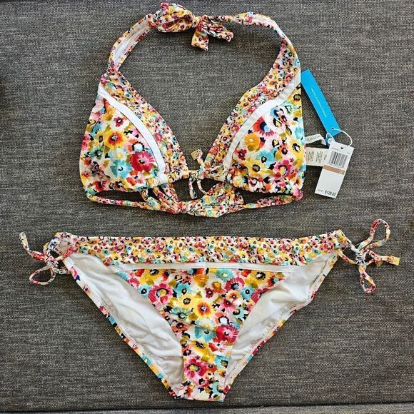 Bleu Rod Beattie Flower Hour Triangle Bikini Top Side Tie Hipster Bottom sz 12 s - Picture 1 of 13